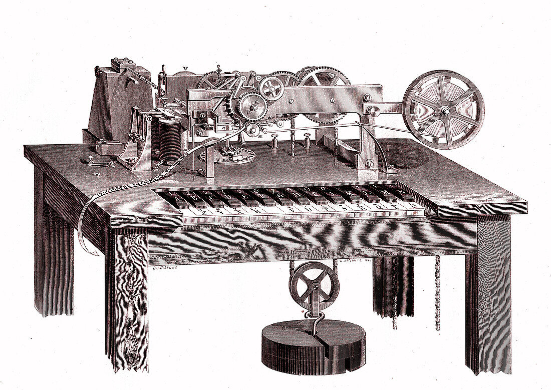 Hughes electric printing telegraph, 19th century illustration