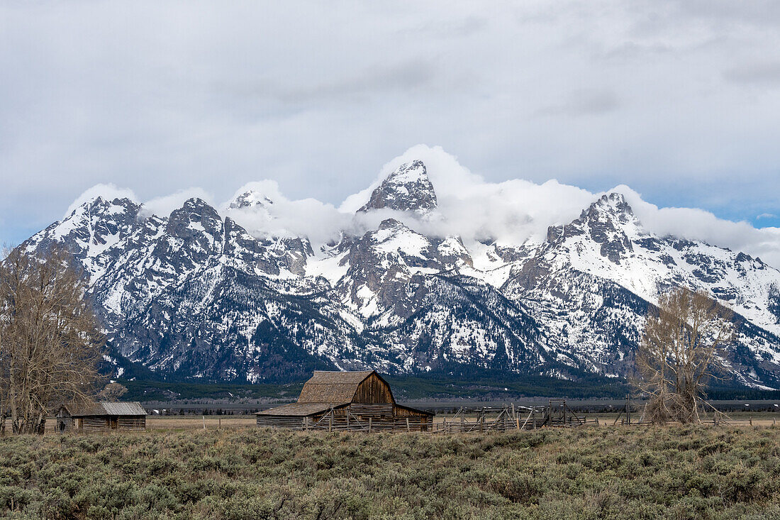 Barn in rural landscape, Wyoming, USA