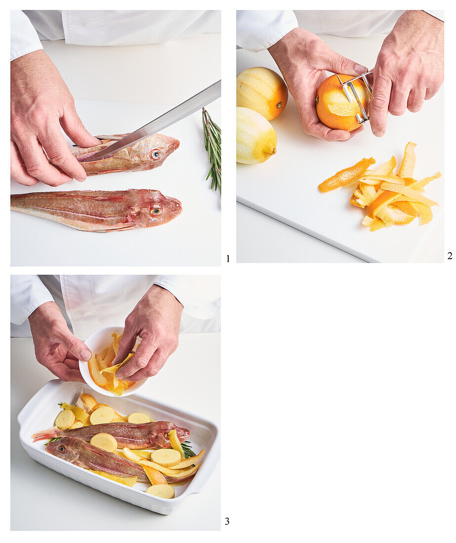 Baked gurnard with potatoes and oranges