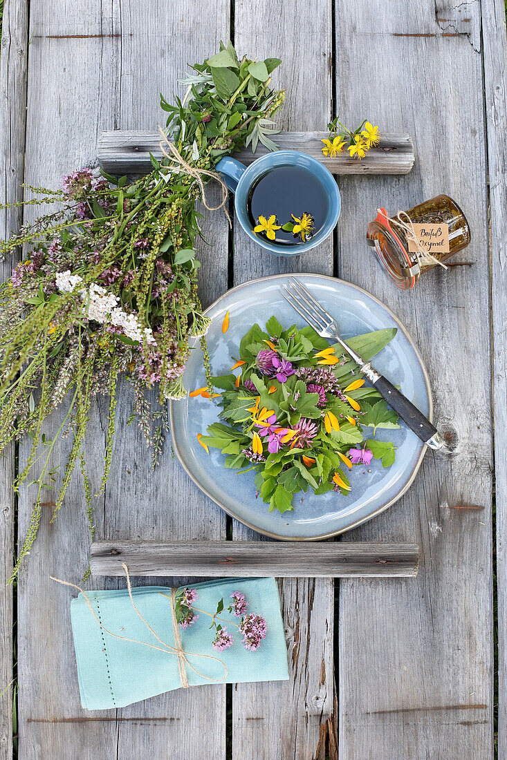 Wild herb salad with flowers