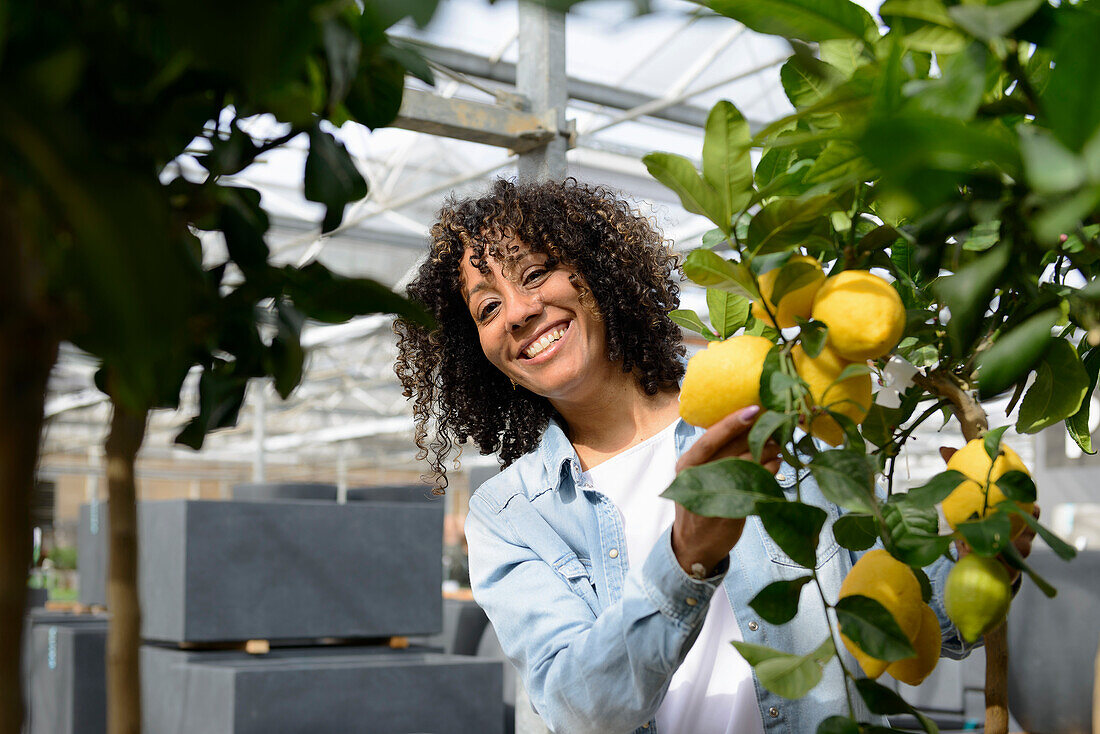 Smiling young woman in nursery at lemon tree