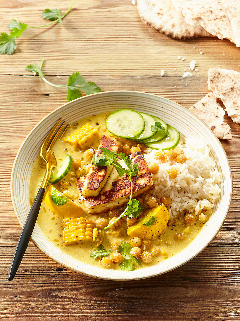Vegetable and chickpea curry with fried halloumi