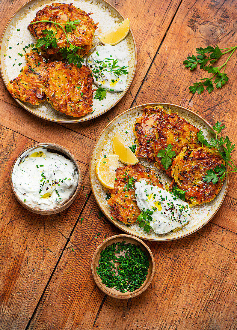 Vegetable pancakes with yoghurt and herb dip