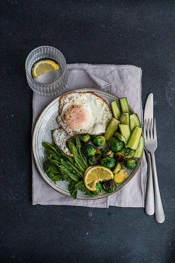 Grilled Brussels sprouts with vegetables and fried egg