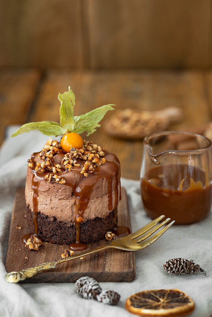Napa Valley style brownie cake with caramel sauce