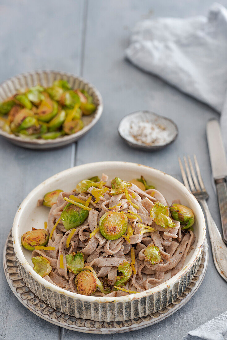 Linseed tagliatelle with Brussels sprouts