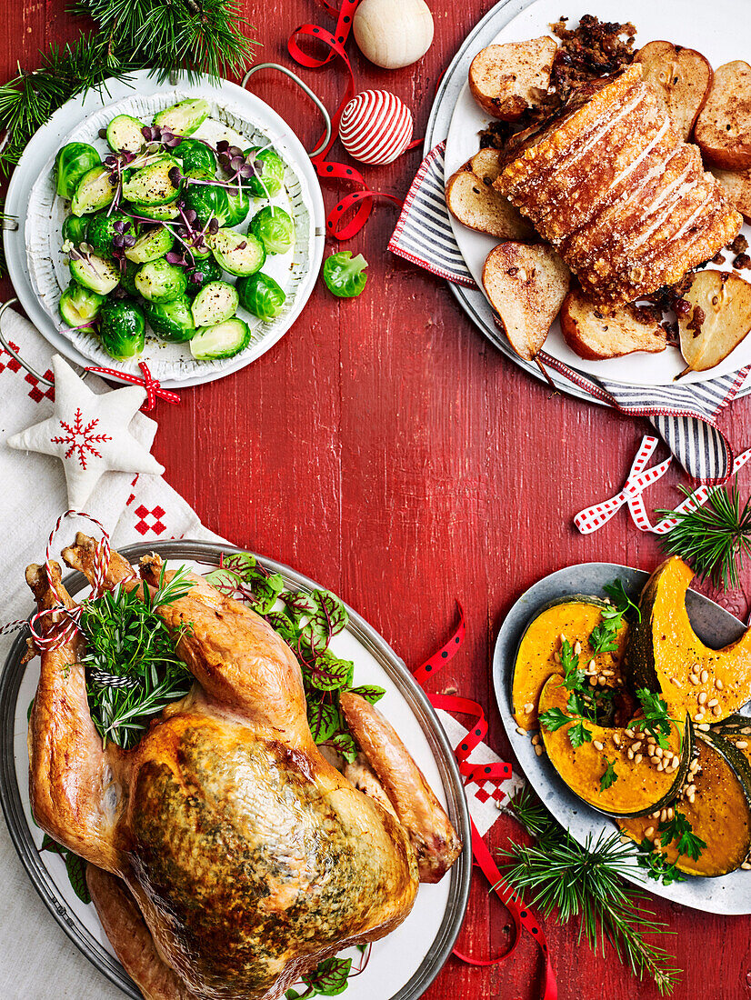 Roast turkey with herb butter, prosciutto and pear stuffing