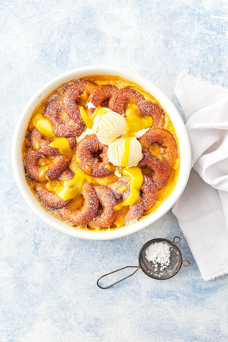 Lemon cream donut pudding with vanilla ice cream