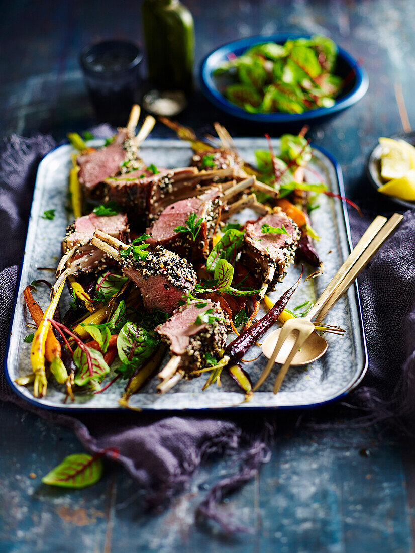 Spiced-crusted lamb racks with roasted carrots