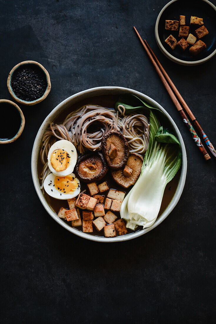 Ramen with tofu, pak choi, shiitake and buckwheat soba noodles