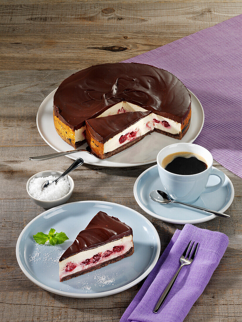 Creamy chocolate mascarpone cake with cherries