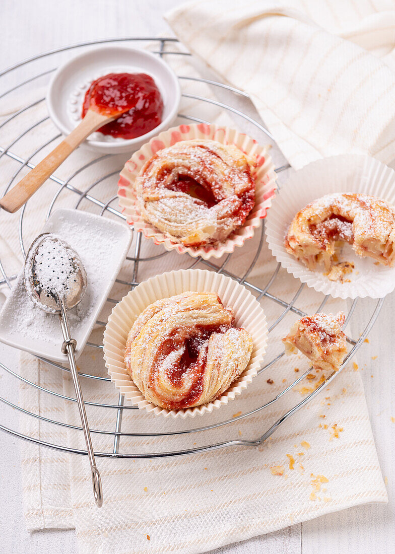 Vegan puff pastry filled with strawberry fruit spread