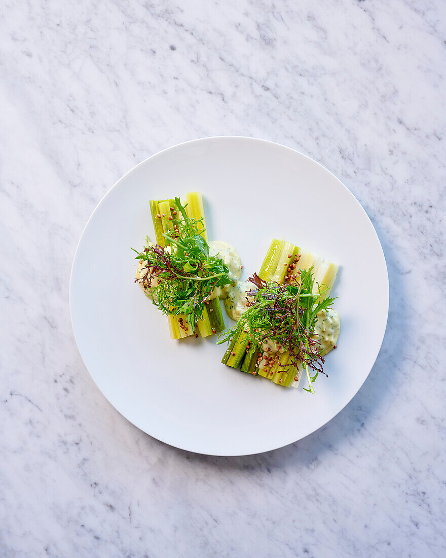 Leek with vinaigrette cream and herb salad