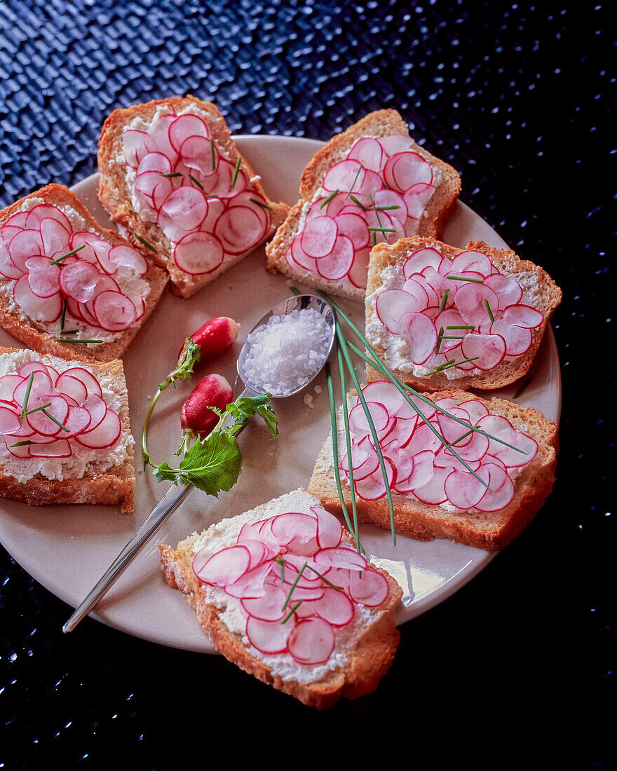 Sandwiches with cream cheese and radishes