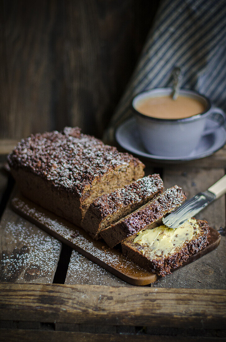 Banana bread with butter and tea