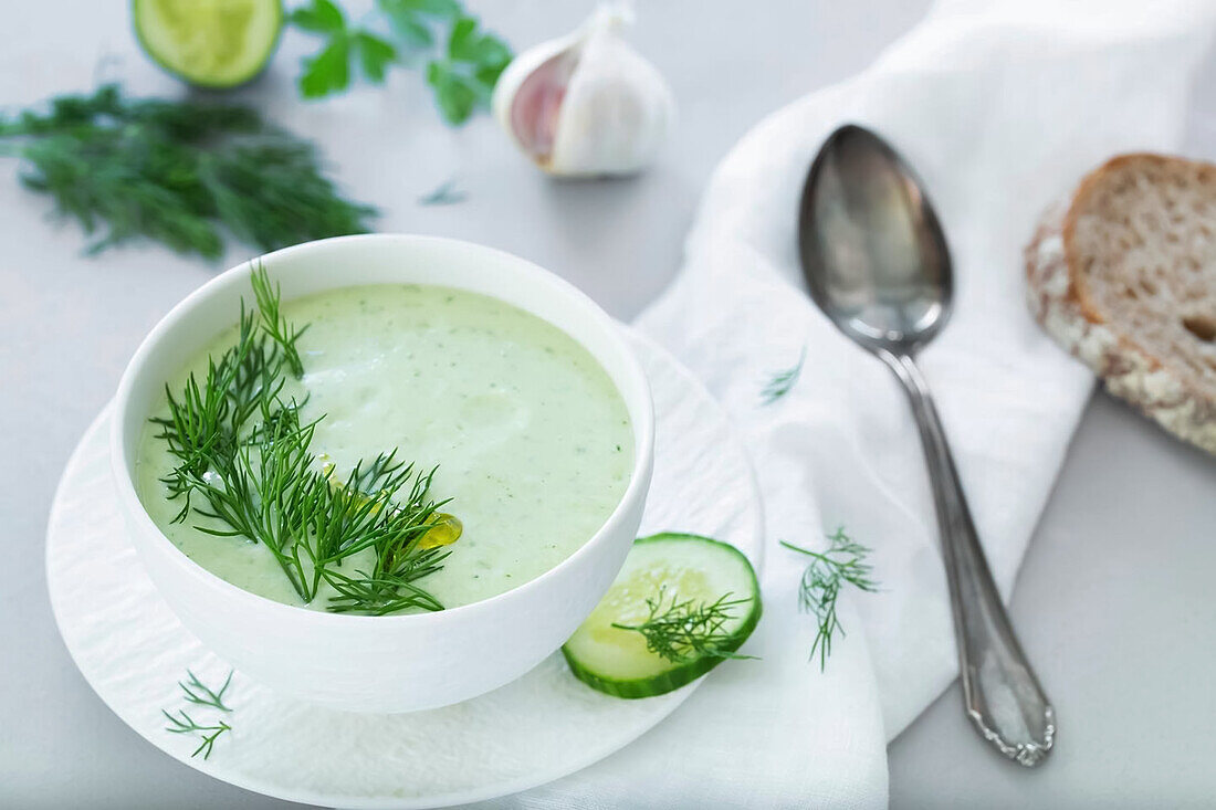 Cold cucumber soup with dill and olive oil