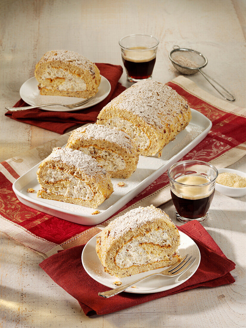 Three kinds of nut sponge roll with whipped cream