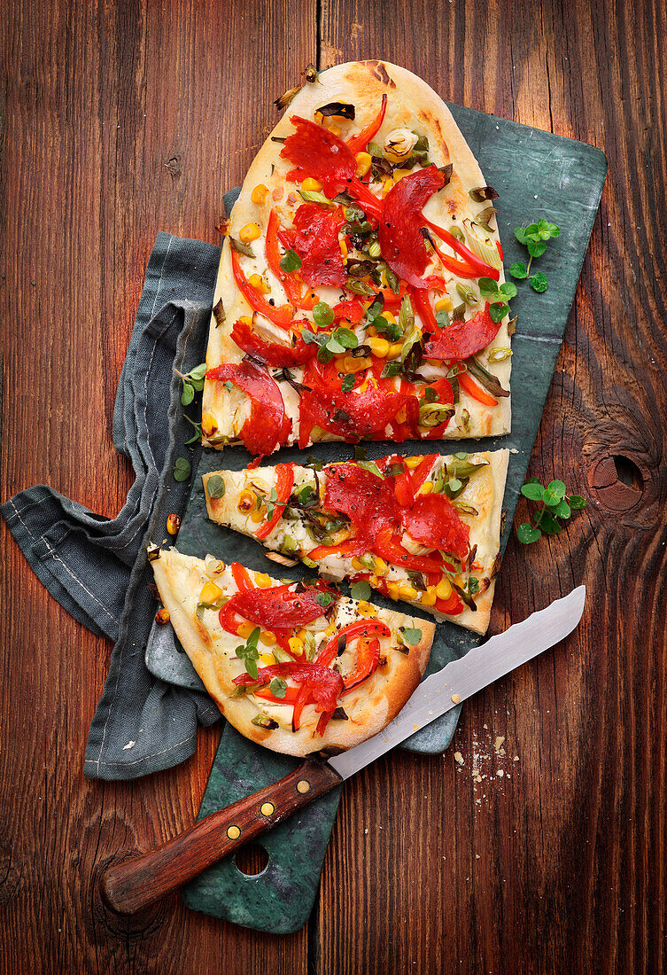 Spanish tarte flambée with chorizo and cream cheese cream