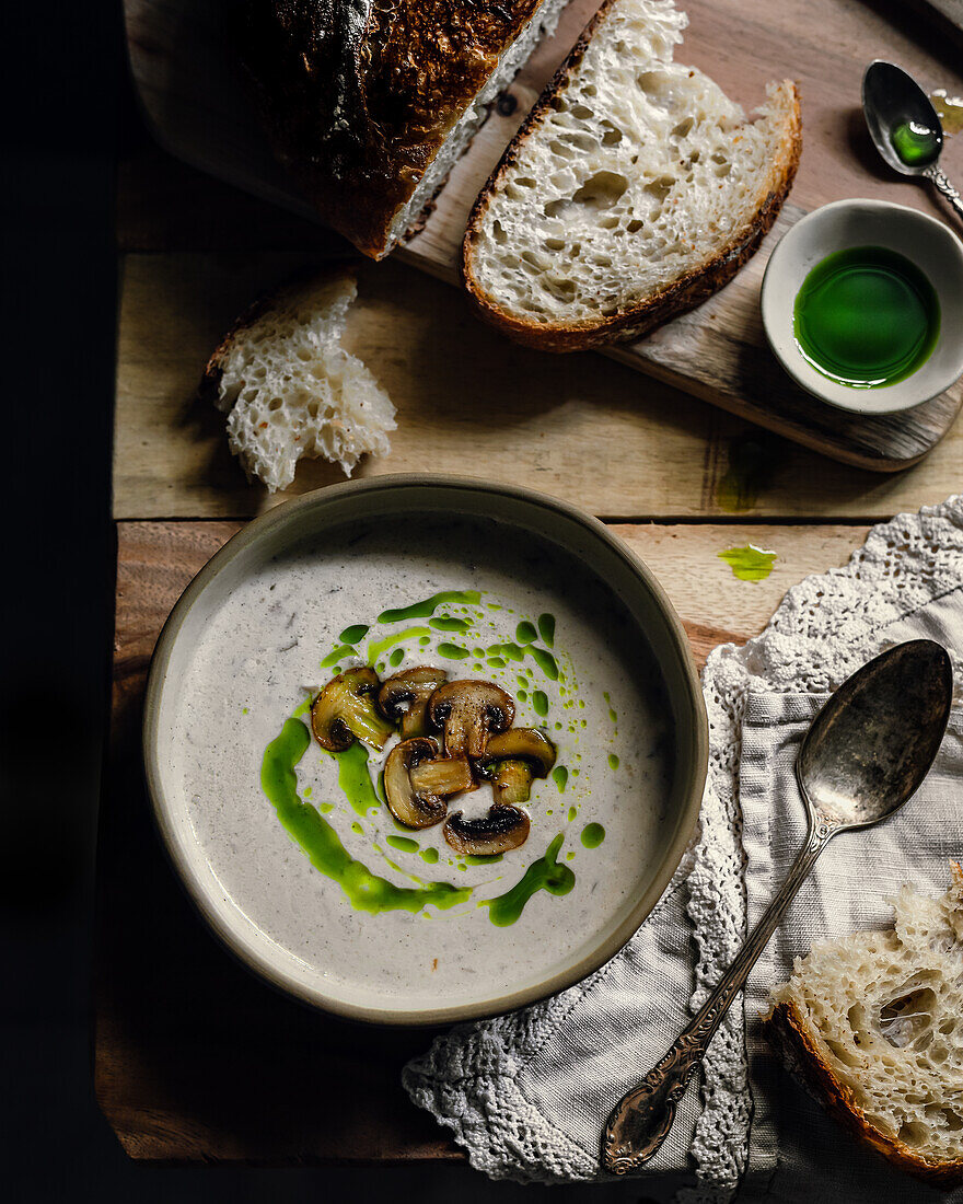 Vegan mushroom soup with parsley oil