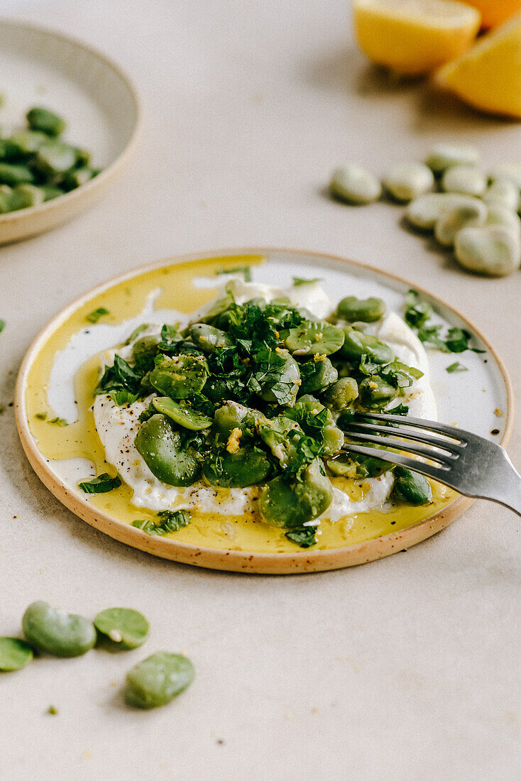 Labneh with broad beans and mint