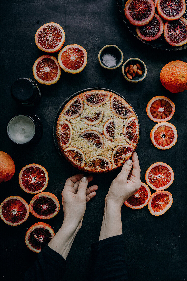 Upside down cake with blood oranges