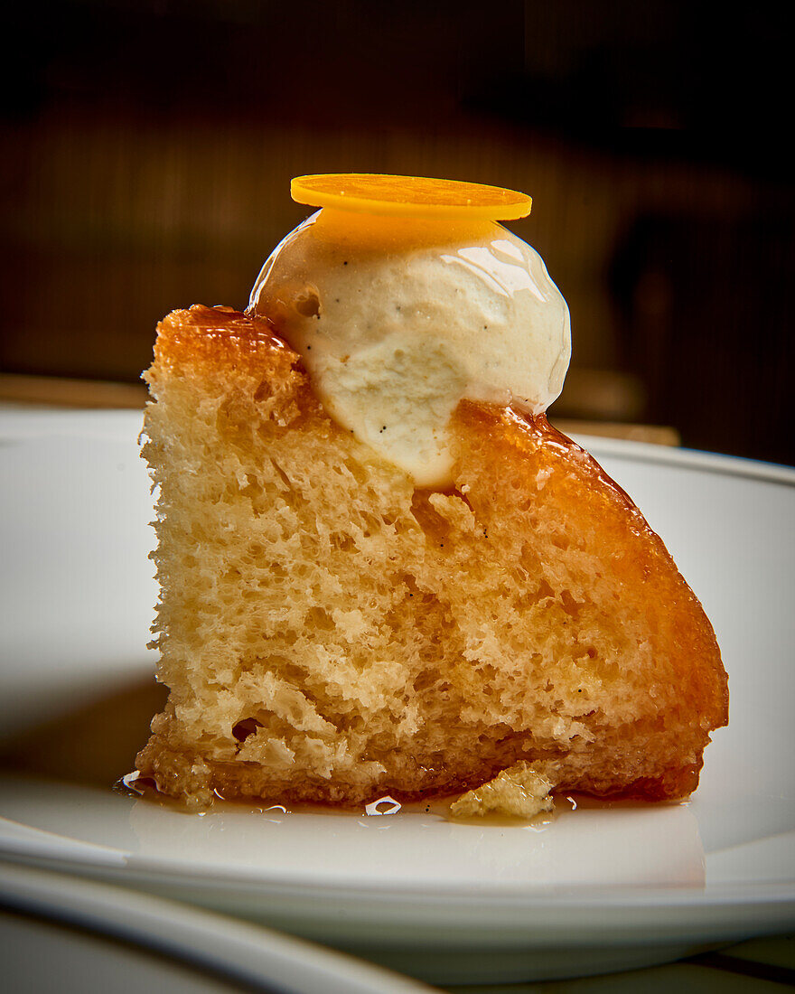 Baba Au Rhum with vanilla ice cream