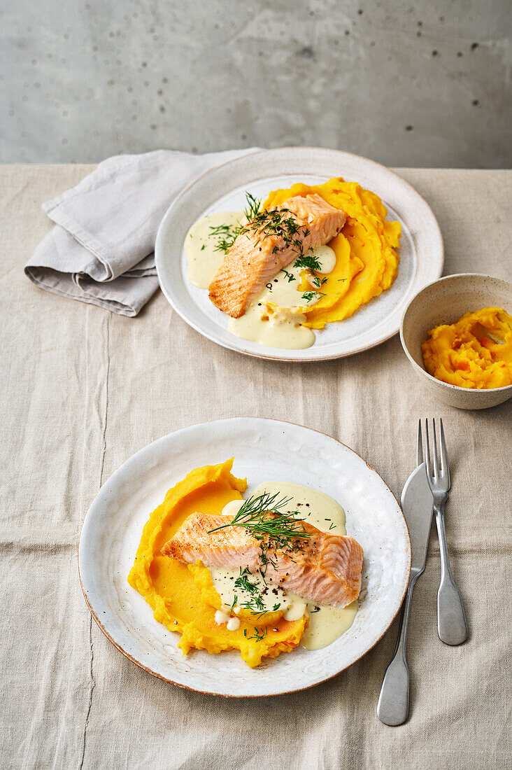 Mustard salmon with potato and pumpkin puree