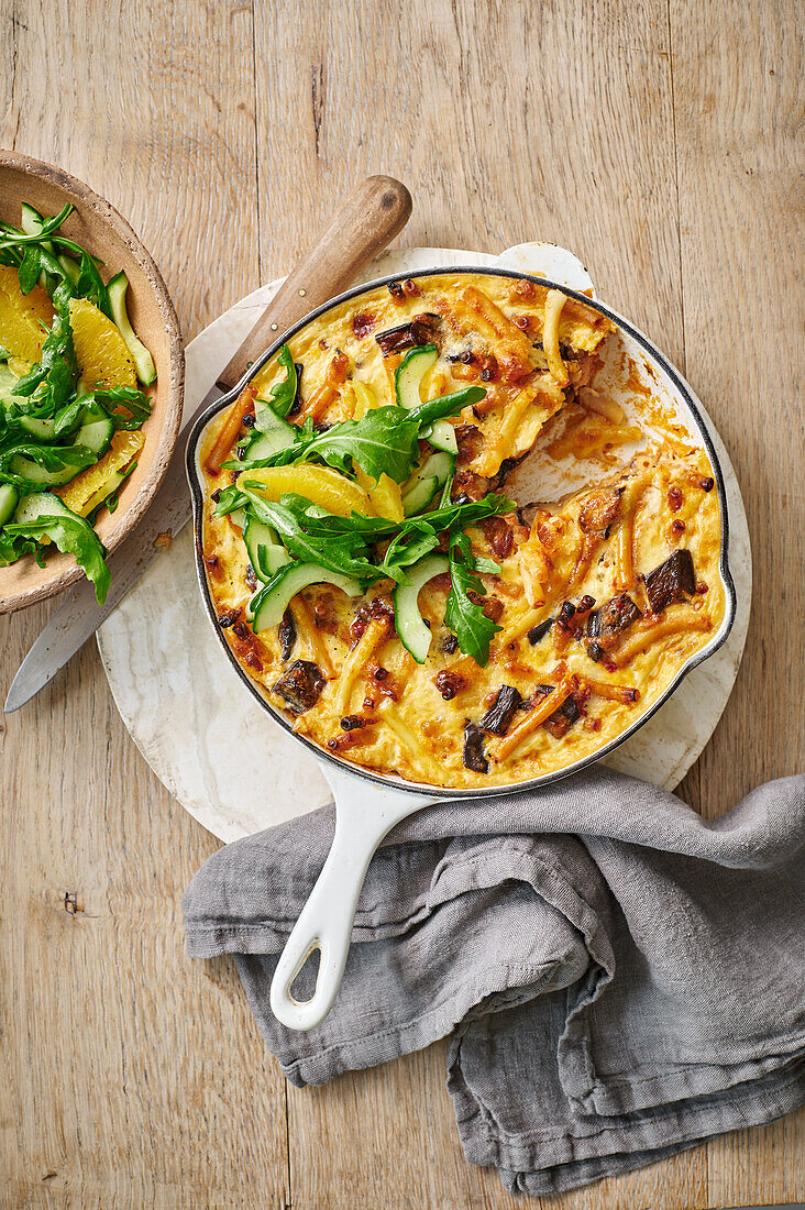 Pasta frittata with rocket, aubergines and feta