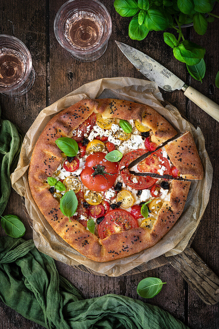 Mixed tomato galette with feta and herbs