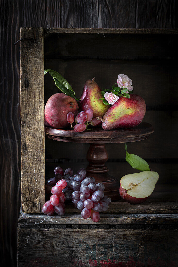 Stillleben mit Birnen, blauen Weintrauben und Äpfeln