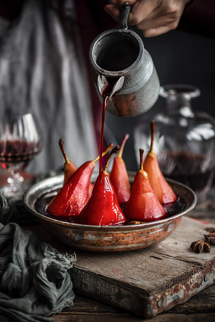 Poached pears in port wine