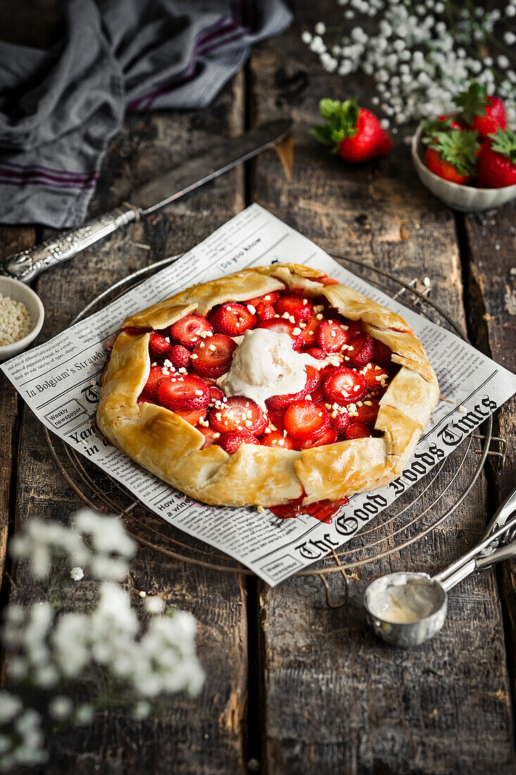 Strawberry galette with vanilla ice cream