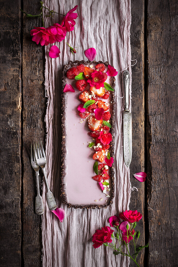 Strawberry and raspberry chocolate tart