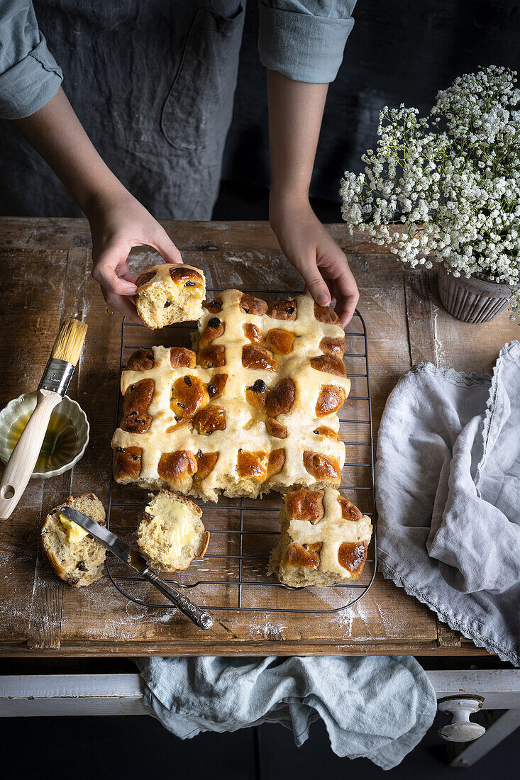 Freshly baked hot cross buns