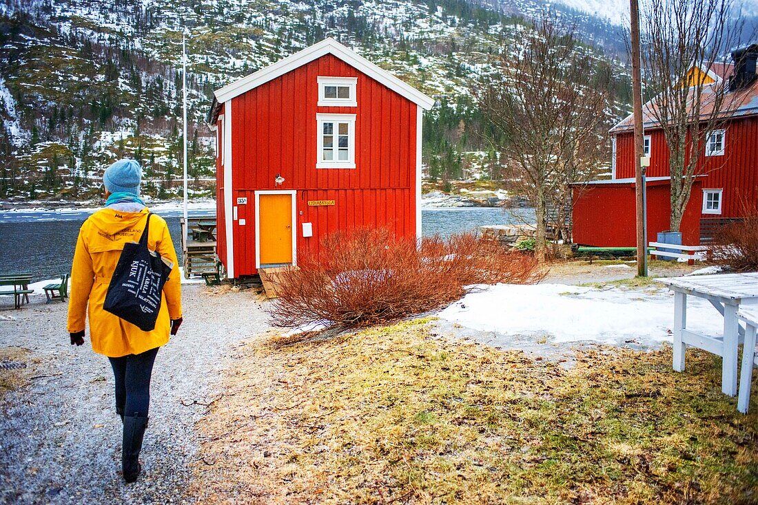 Colorful red Fishing Warehouses, Mosjoen, Nordland, Norway