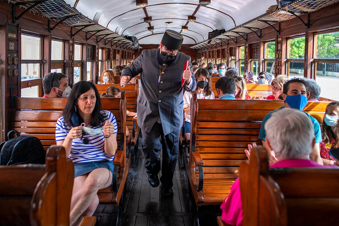 Actors, dramatization inside the Strawberry train that goes from Madrid Delicias train station to Aranjuez city Madrid, Spain.