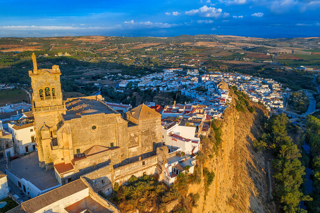 Aerial view of Arcos de la Fontera, Church of San Pedro & the surounding countryside, Arcos De la Fontera, Cadiz Province, Andalusia, Spain.