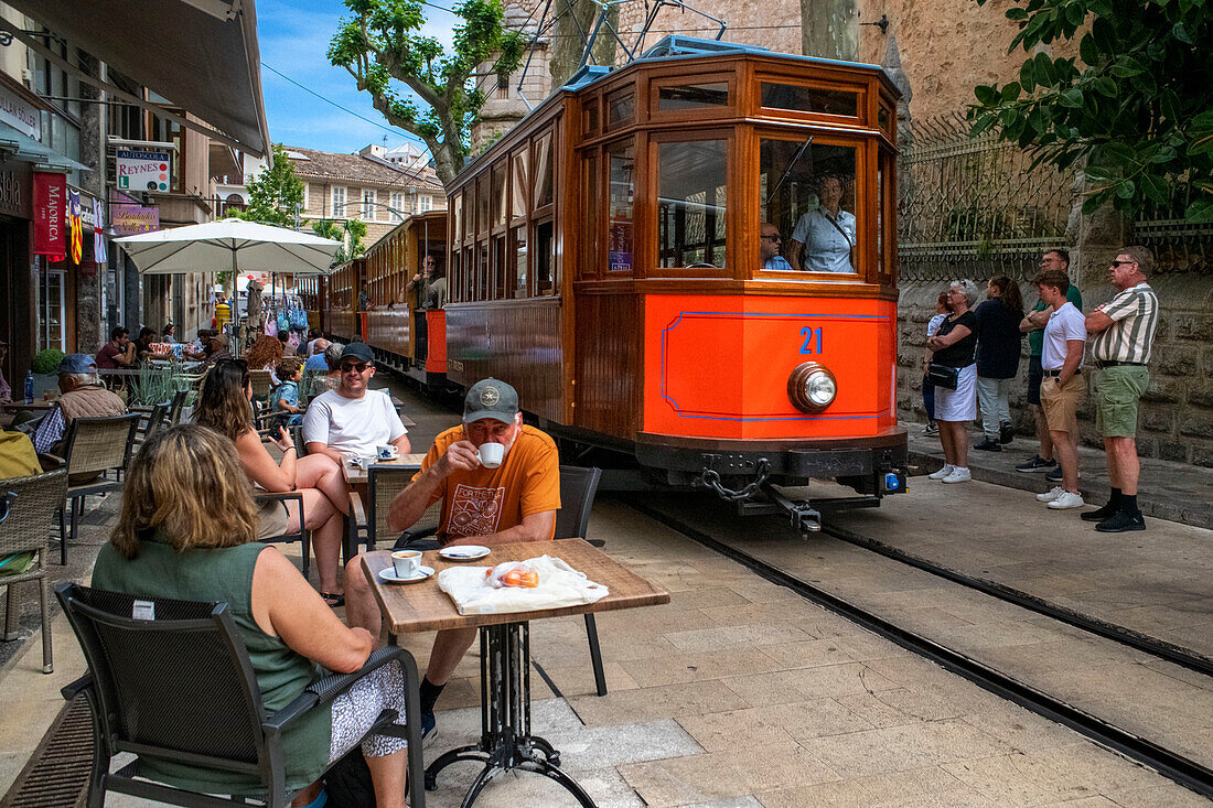 Soller village center. Vintage tram at the Soller village. The tram operates a 5kms service from the railway station in the Soller village to the Puerto de Soller, Soller Majorca, Balearic Islands, Spain, Mediterranean, Europe.