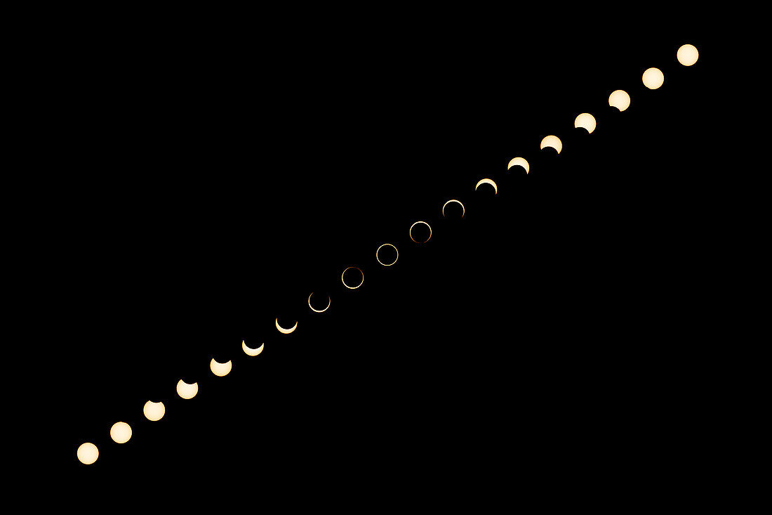 Composite image of the annular solar eclipse on 14 November 2023. Utah, USA.