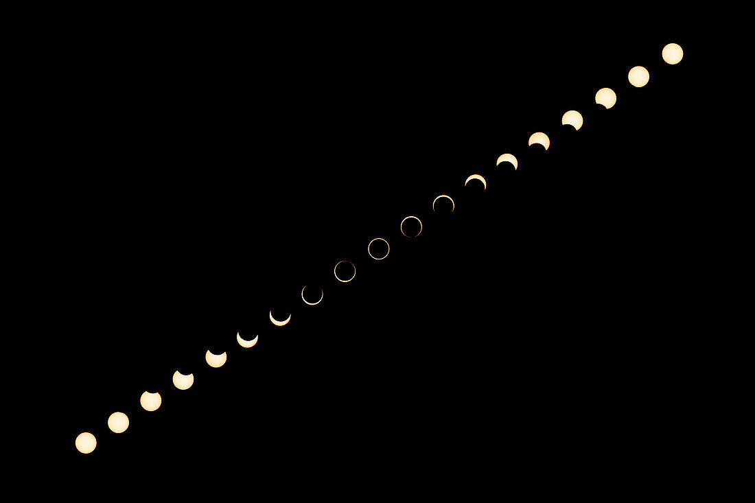 Kompositbild der ringförmigen Sonnenfinsternis am 14. November 2023. Utah, USA