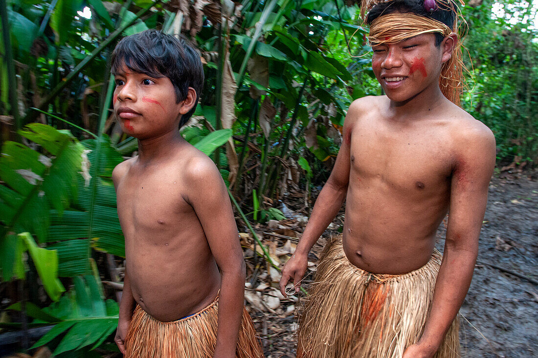 Teenagers yagua Indians living a traditional life near the Amazonian city of Iquitos, Peru.