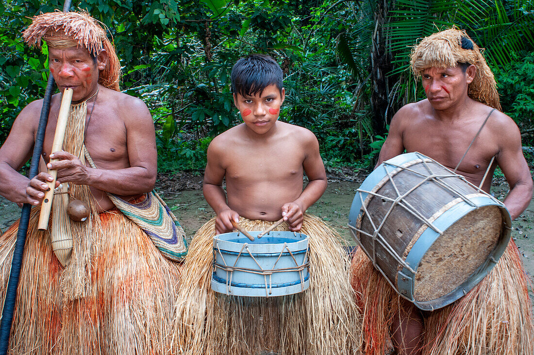 Flute drums music of Yagua Indians living a traditional life near the Amazonian city of Iquitos, Peru.