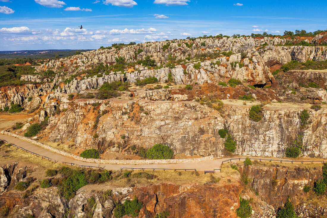 Aerial view of Natural Monument of El Cerro del Hierro. Alanis Sierra Norte Natural Park. Seville province. Region of Andalusia. Spain. Europe.