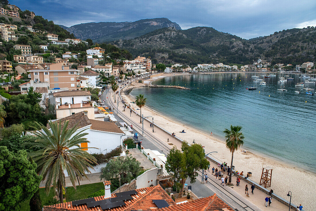 Aerial view Platja de Port de soller beach, Port de Soller, Mallorca, Balearic islands, Spain