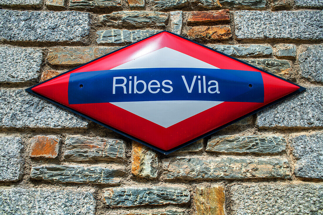 Ribes Vila station in the Cogwheel railway Cremallera de Núria train in the Vall de Núria valley, Pyrenees, northern Catalonia, Spain, Europe