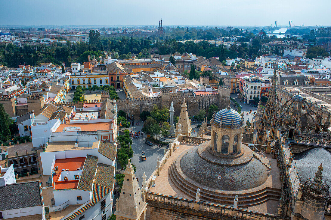 City skyline of Sevilla aerial view from the top of La Giralda Cathedral of Saint Mary of the See, Seville Cathedral , Andalusia, Spain