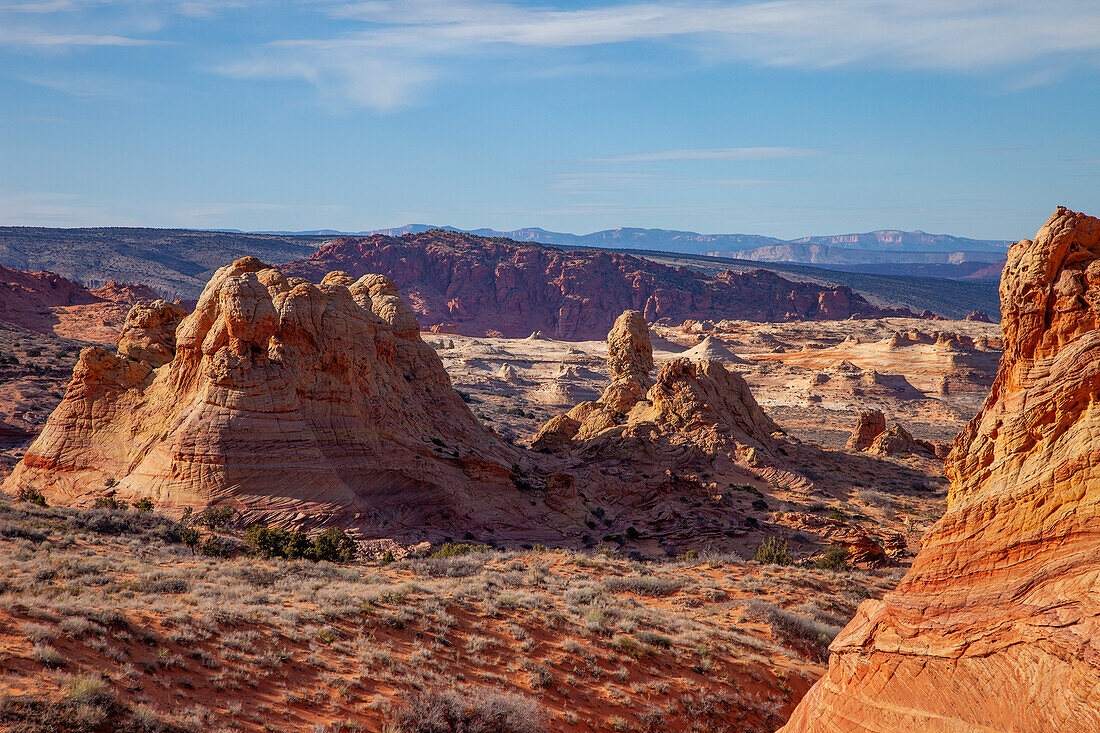 Erodierte Navajo-Sandsteinformationen in South Coyote Buttes, Vermilion Cliffs National Monument, Arizona. North Coyote Buttes liegt unterhalb. Hier befindet sich die Wave
