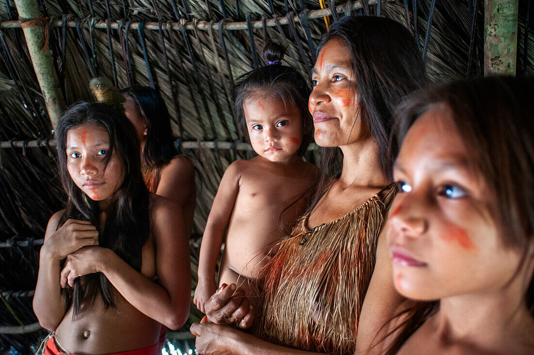 Community of Yagua Indians living a traditional life near the Amazonian city of Iquitos, Peru.