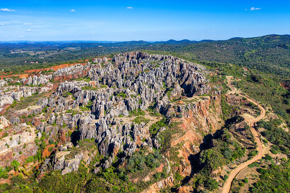 Aerial view of Natural Monument of El Cerro del Hierro. Alanis Sierra Norte Natural Park. Seville province. Region of Andalusia. Spain. Europe.