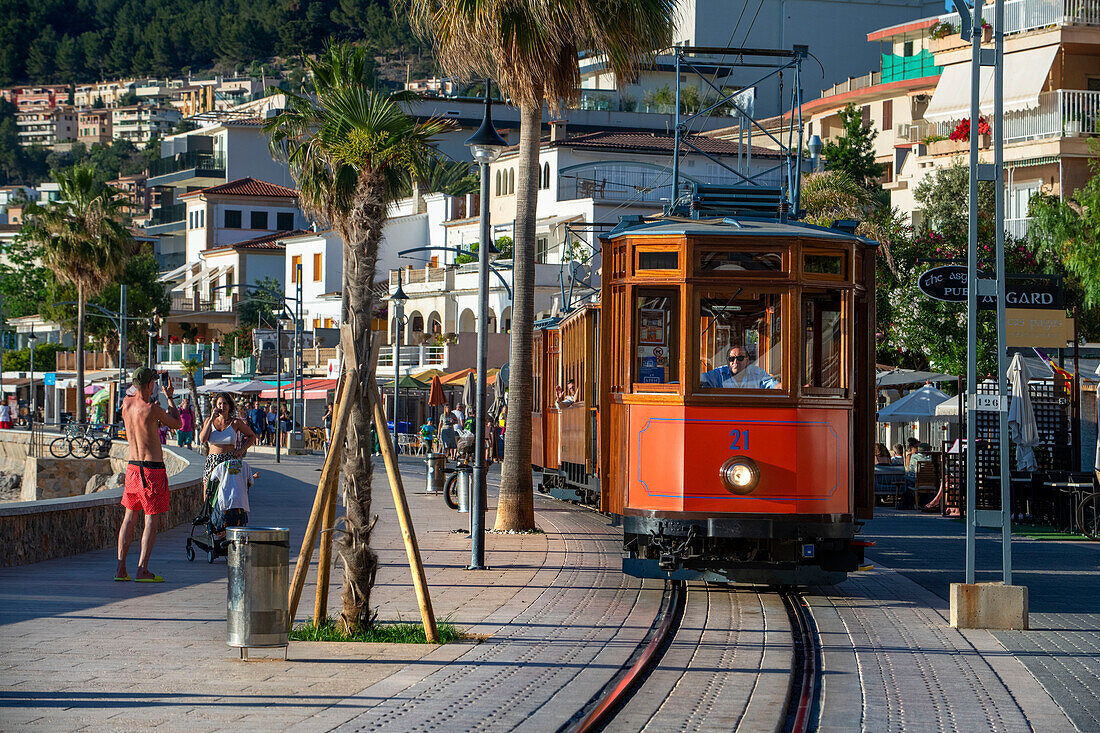 Vintage tram at the Port de Soller village. The tram operates a 5kms service from the railway station in the Soller village to the Puerto de Soller, Soller Majorca, Balearic Islands, Spain, Mediterranean, Europe.